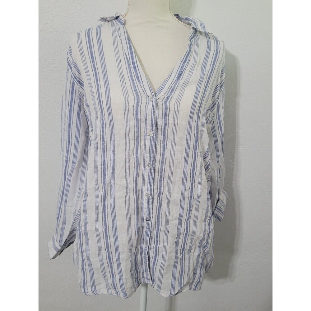 Costal Linen Button Front Shirt Size XL Natural Fiber White Blue Stripe